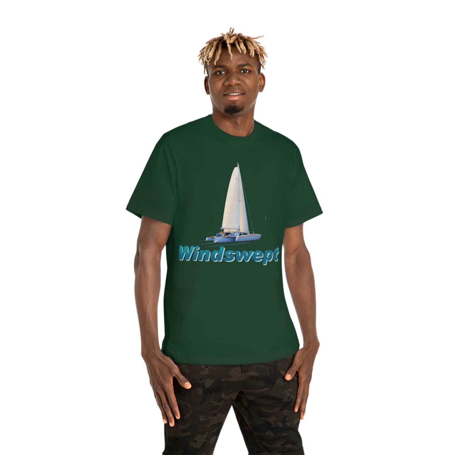 Windswept T-Shirt, Sister Whisper Trimaran. Unisex Hammer™ T-shirt. Artwork by John Ryerson Bredin.