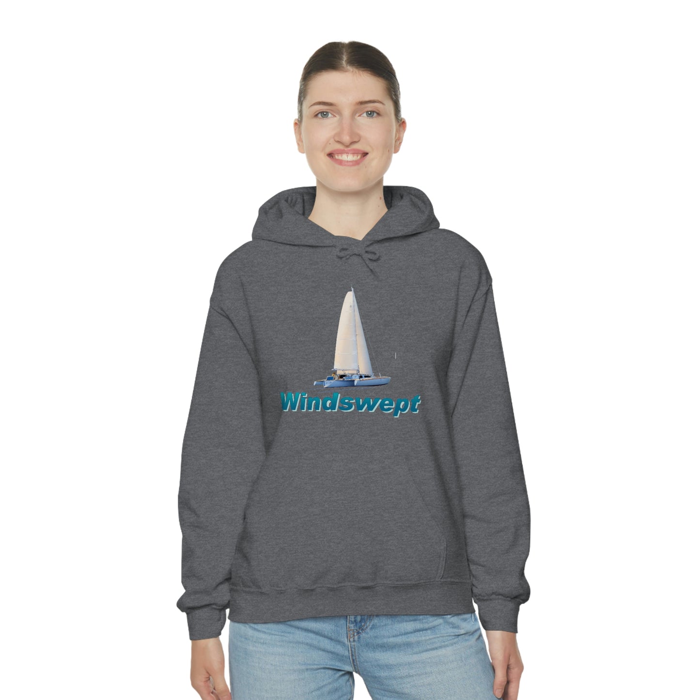 Unisex Heavy Blend™ Hooded Sweatshirt, Windswept, Sister Whisper Trimaran. Artwork by John Ryerson Bredin
