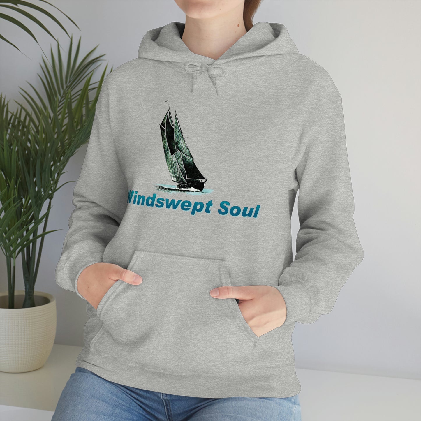 Unisex Heavy Blend™ Hooded Sweatshirt, Windswept Soul, Bluenose Sailboat.