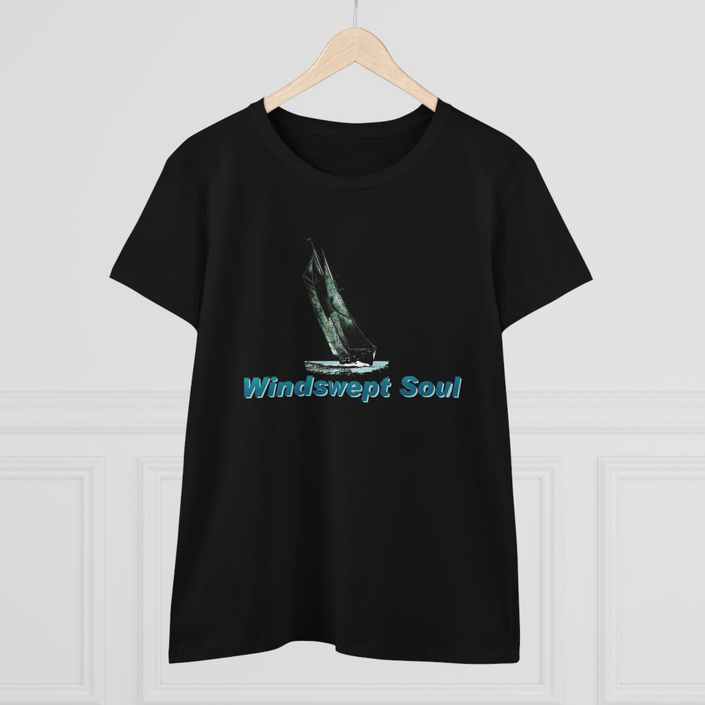 Women's Midweight Cotton Tee, Windswept Soul, Bluenose Sailboat