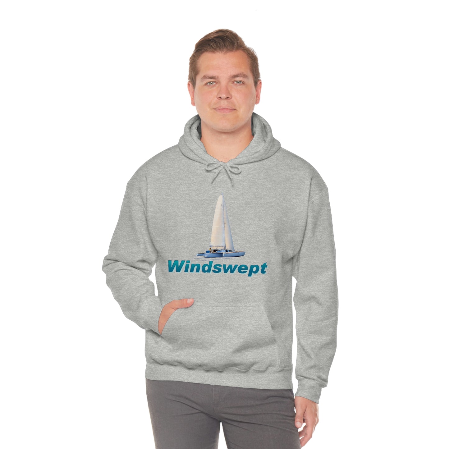 Unisex Heavy Blend™ Hooded Sweatshirt, Windswept, Sister Whisper Trimaran. Artwork by John Ryerson Bredin