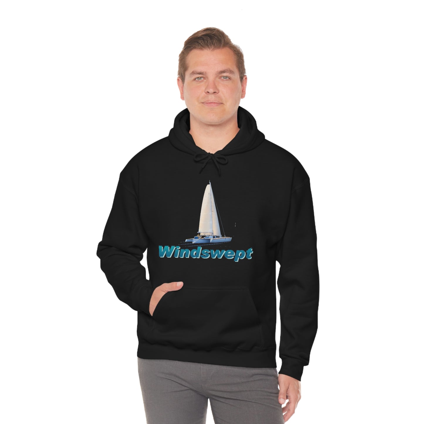 Unisex Heavy Blend™ Hooded Sweatshirt, Windswept, Sister Whisper Trimaran. Artwork by John Ryerson Bredin
