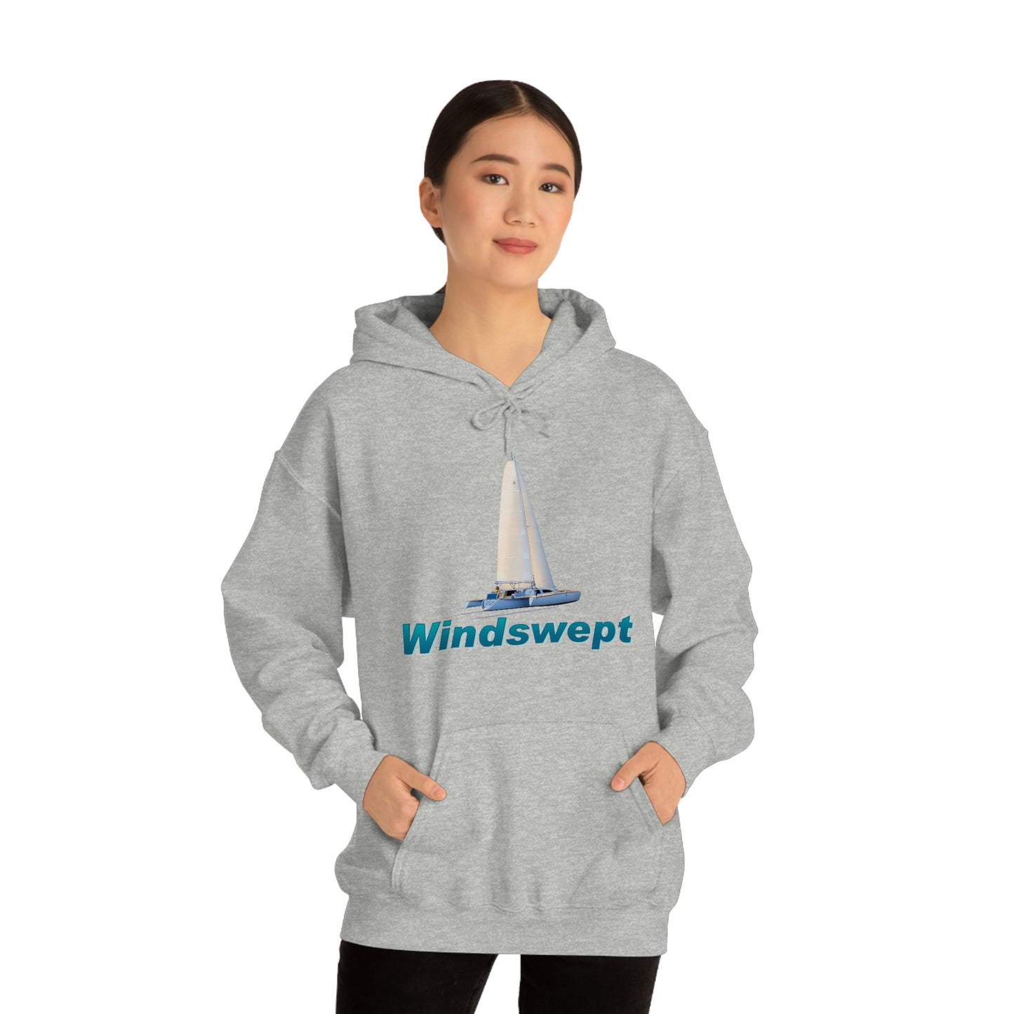 Unisex Heavy Blend™ Hooded Sweatshirt, Windswept, Sister Whisper Trimaran. Artwork by John Ryerson Bredin