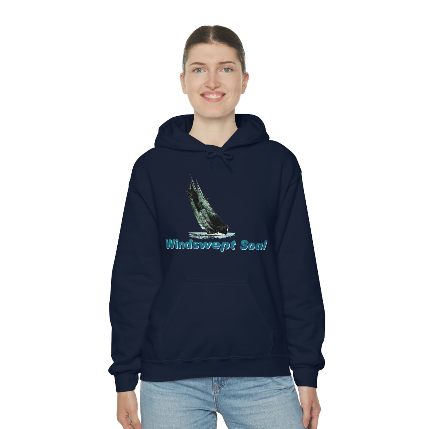 Unisex Heavy Blend™ Hooded Sweatshirt, Windswept Soul, Bluenose Sailboat.