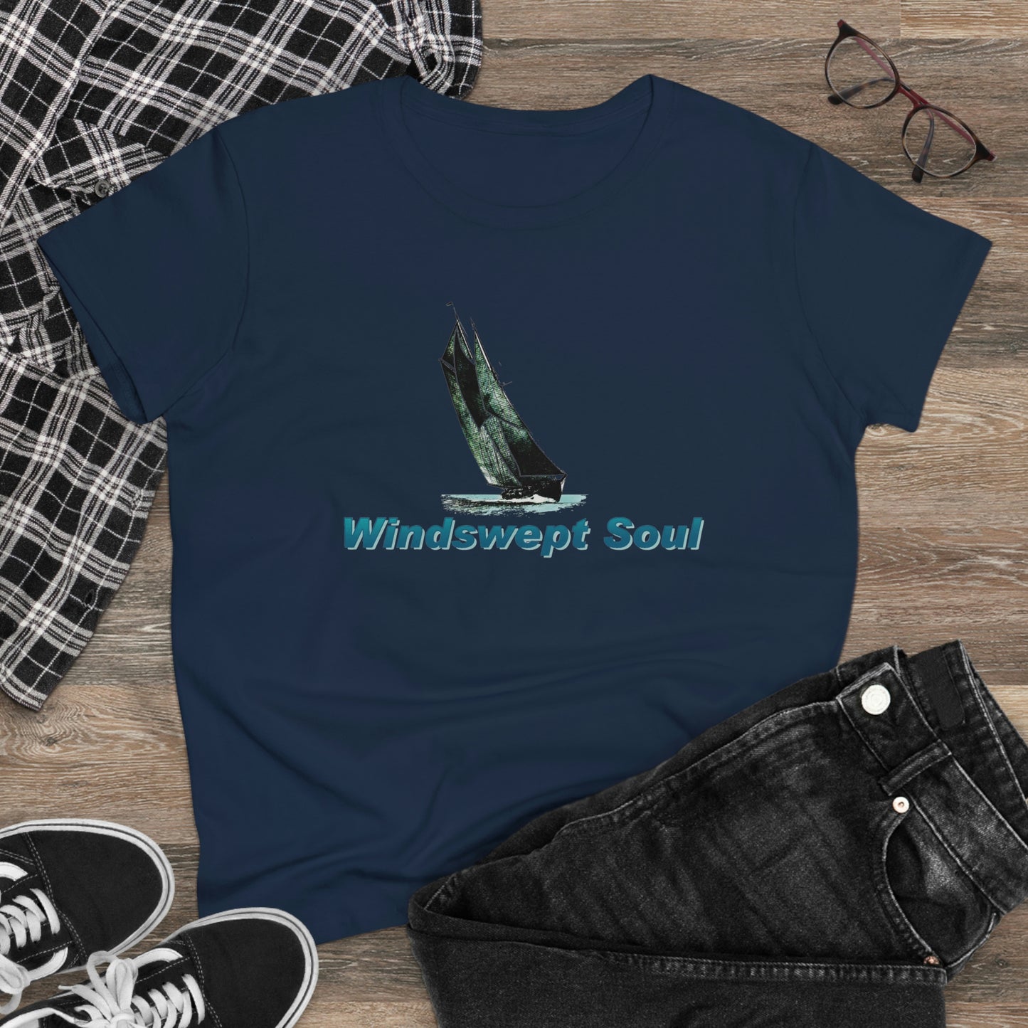 Women's Midweight Cotton Tee, Windswept Soul, Bluenose Sailboat