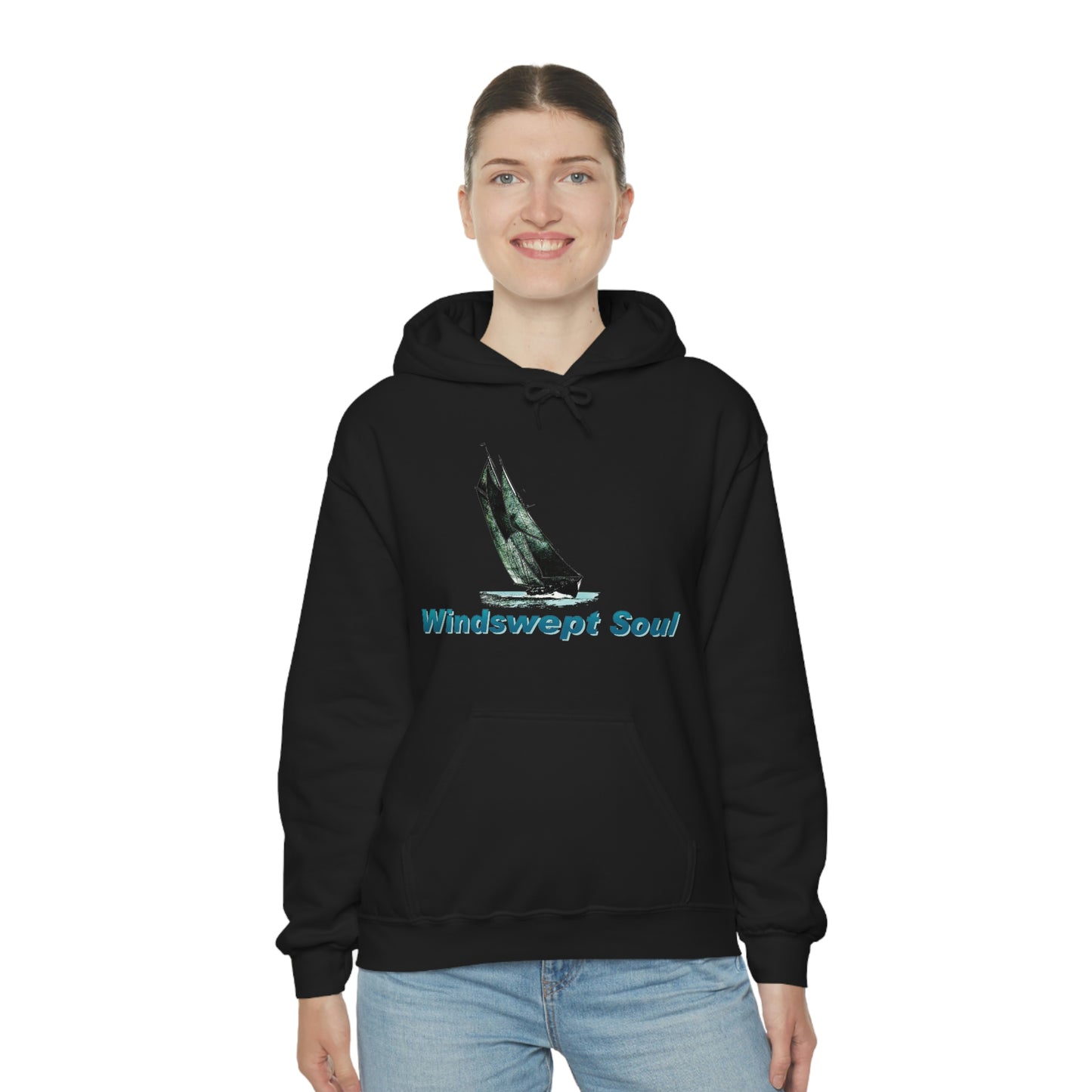 Unisex Heavy Blend™ Hooded Sweatshirt, Windswept Soul, Bluenose Sailboat.