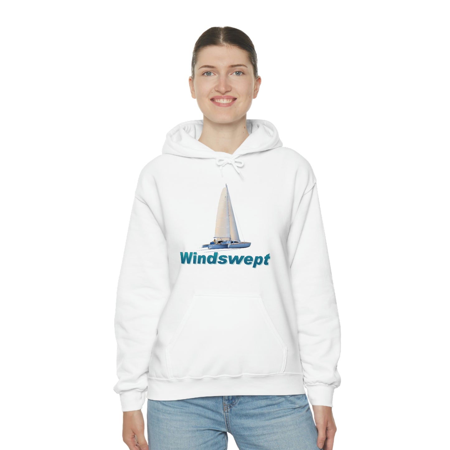 Unisex Heavy Blend™ Hooded Sweatshirt, Windswept, Sister Whisper Trimaran. Artwork by John Ryerson Bredin