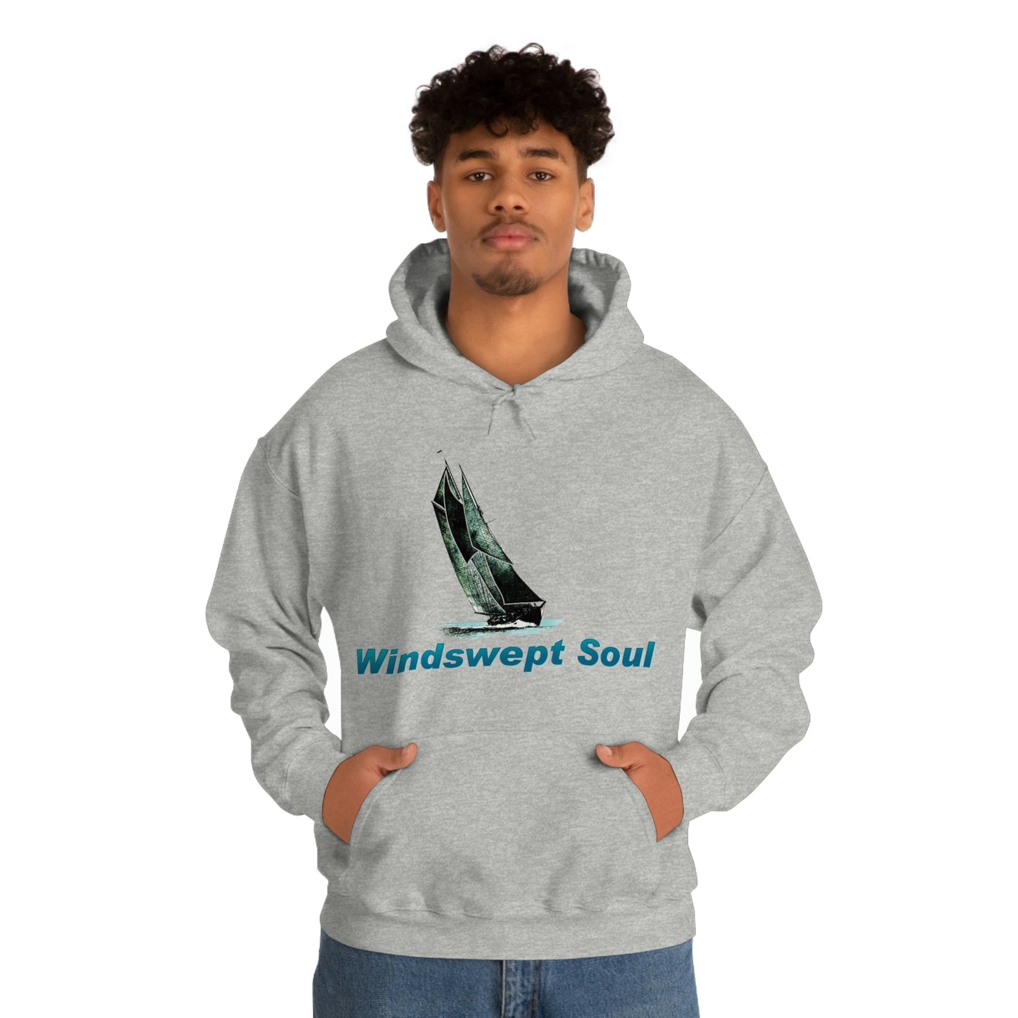 Unisex Heavy Blend™ Hooded Sweatshirt, Windswept Soul, Bluenose Sailboat.