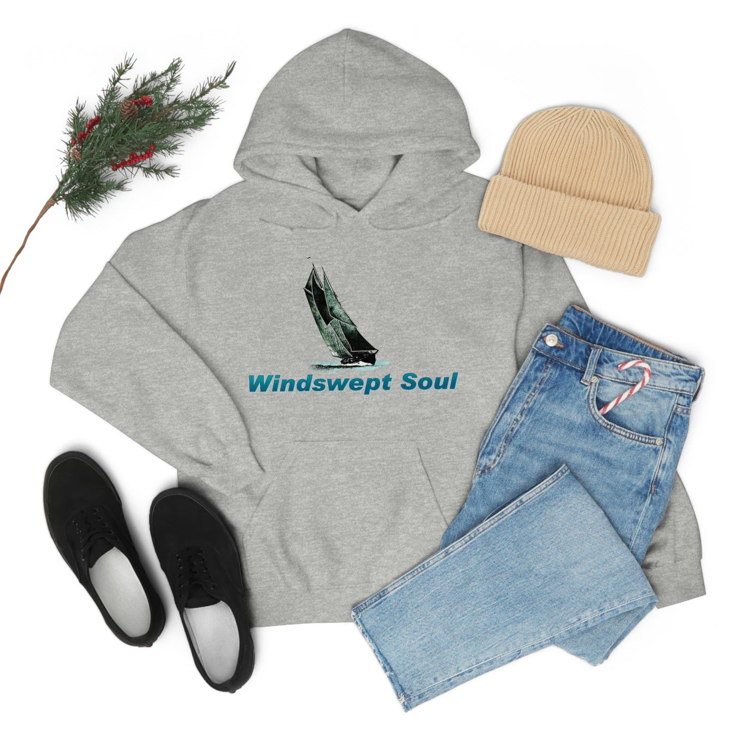 Unisex Heavy Blend™ Hooded Sweatshirt, Windswept Soul, Bluenose Sailboat.