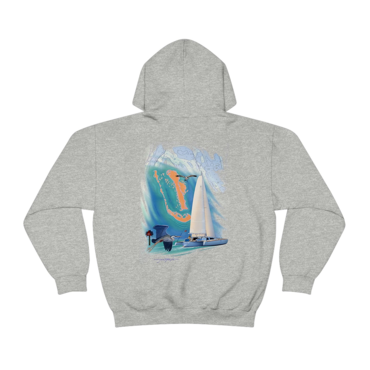 Unisex Heavy Blend™ Hooded Sweatshirt, Windswept, Sister Whisper Trimaran. Artwork by John Ryerson Bredin