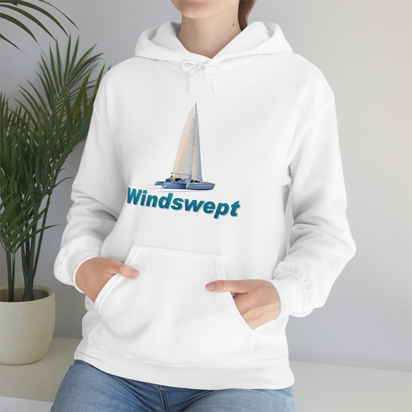 Unisex Heavy Blend™ Hooded Sweatshirt, Windswept, Sister Whisper Trimaran. Artwork by John Ryerson Bredin