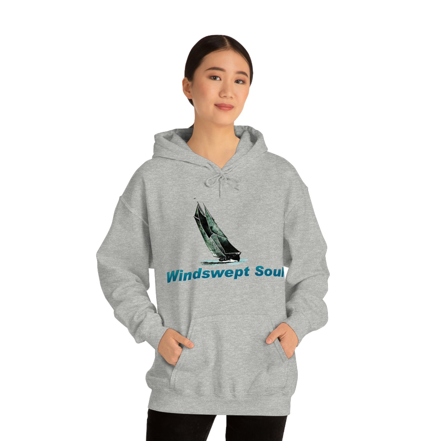 Unisex Heavy Blend™ Hooded Sweatshirt, Windswept Soul, Bluenose Sailboat.