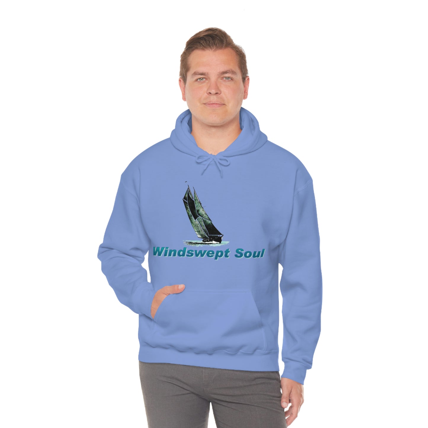 Unisex Heavy Blend™ Hooded Sweatshirt, Windswept Soul, Bluenose Sailboat.