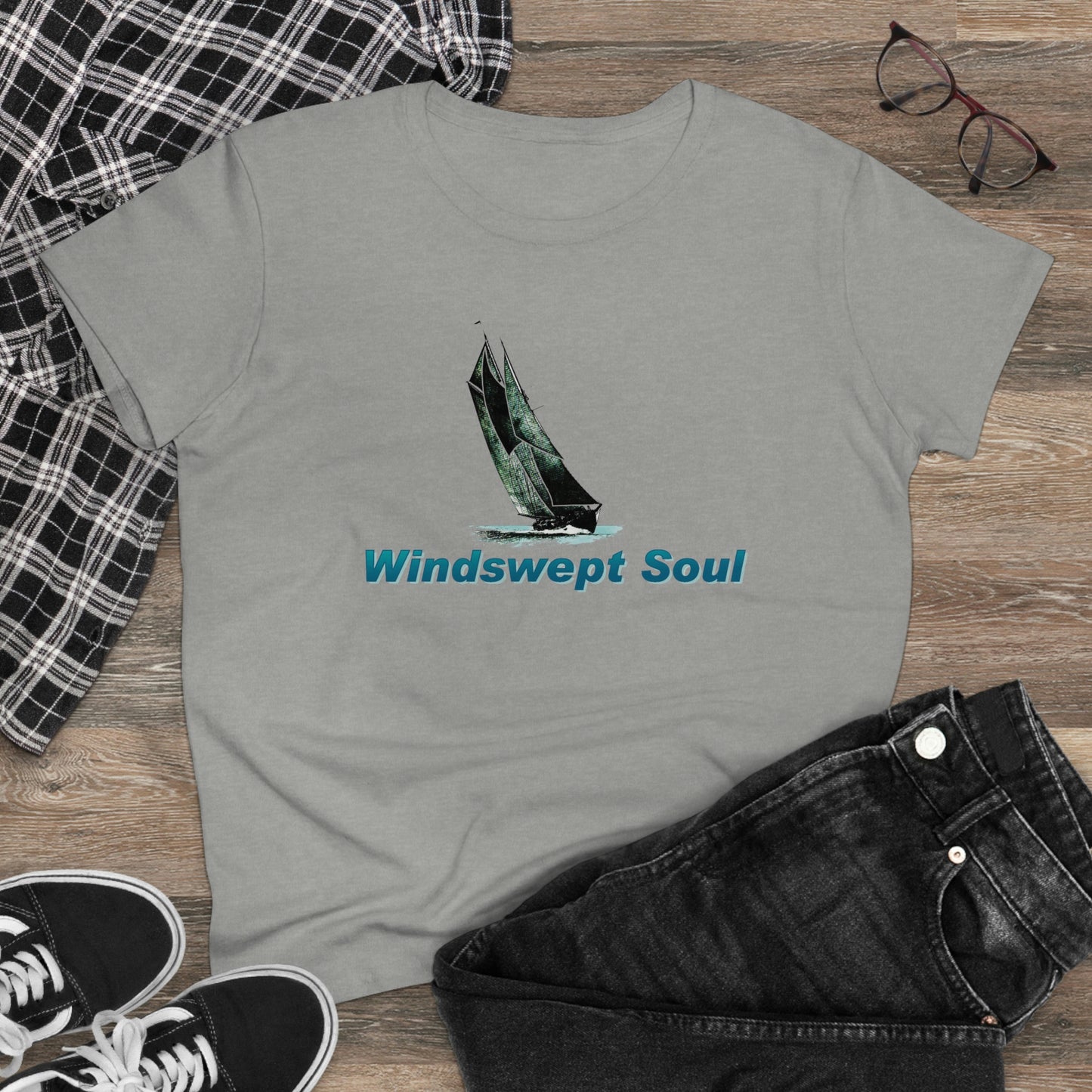 Women's Midweight Cotton Tee, Windswept Soul, Bluenose Sailboat