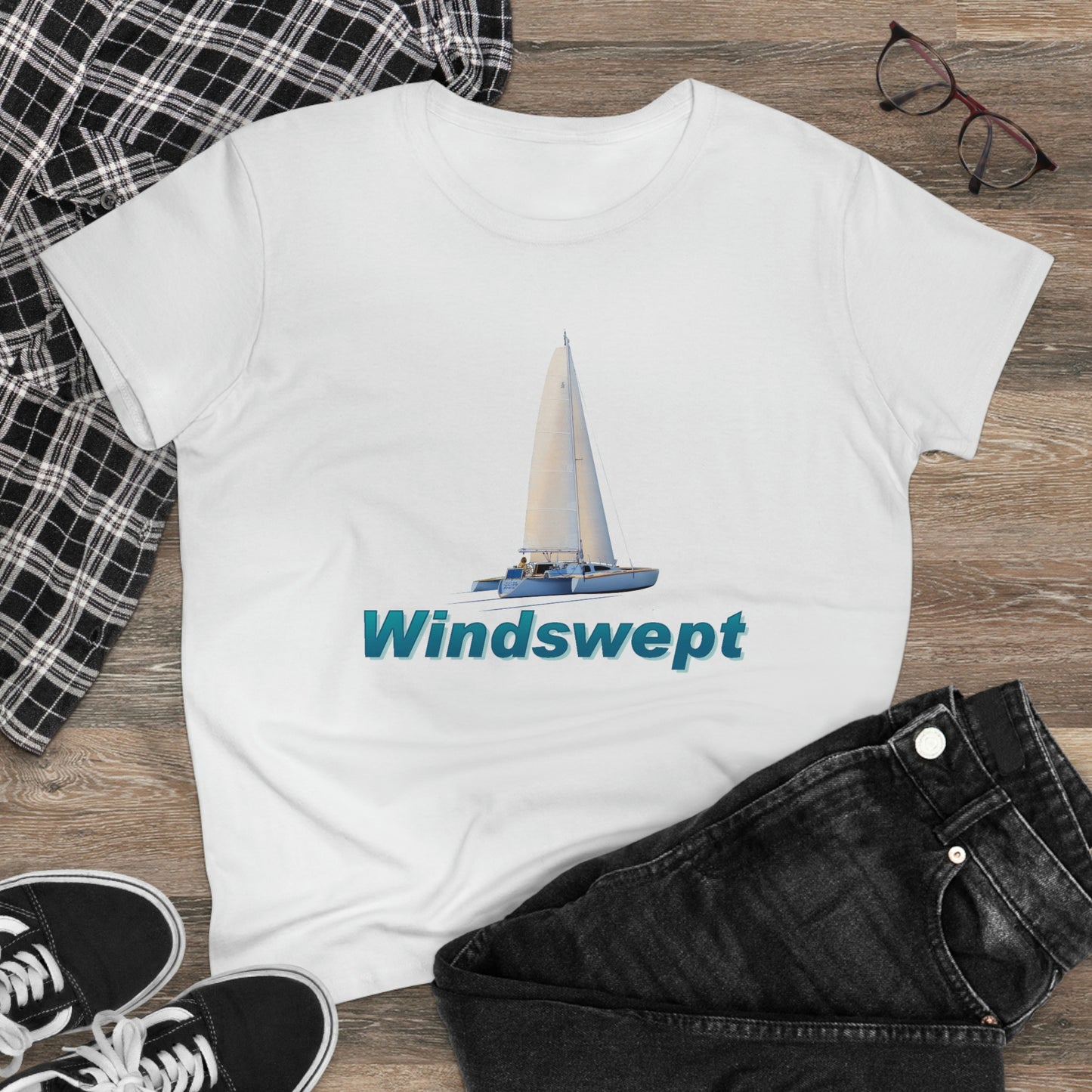 Women's Midweight Cotton Tee, Windswept, Sister Whisper Trimaran.