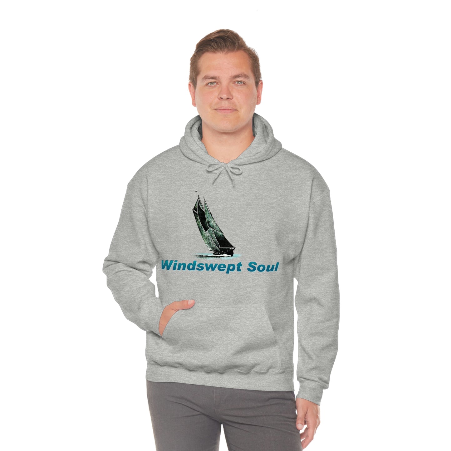 Unisex Heavy Blend™ Hooded Sweatshirt, Windswept Soul, Bluenose Sailboat.