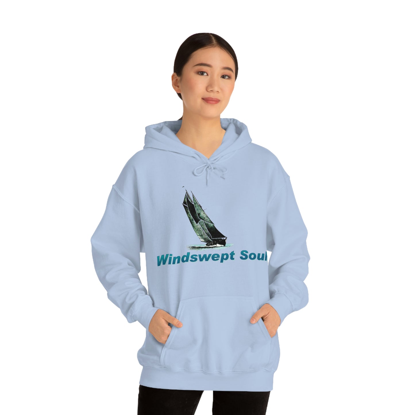 Unisex Heavy Blend™ Hooded Sweatshirt, Windswept Soul, Bluenose Sailboat.