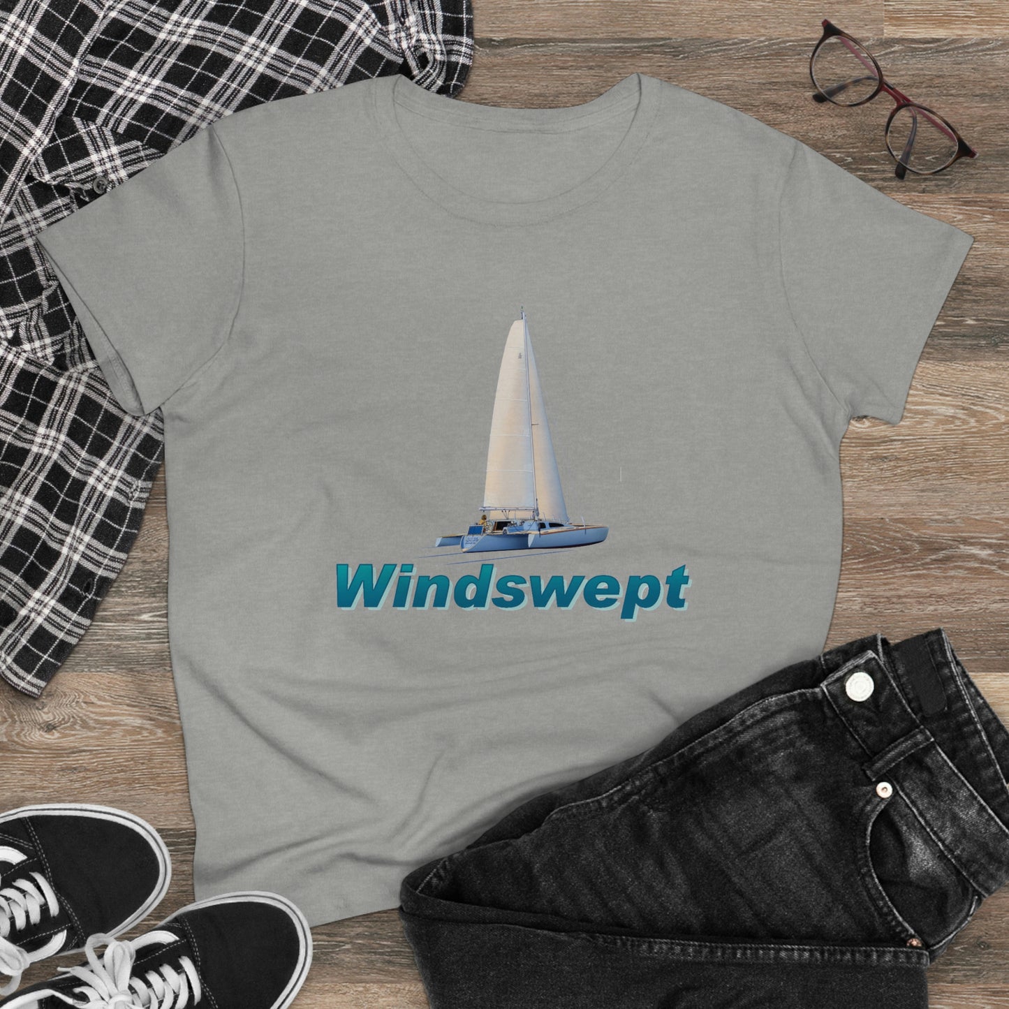 Women's Midweight Cotton Tee, Windswept, Sister Whisper Trimaran.