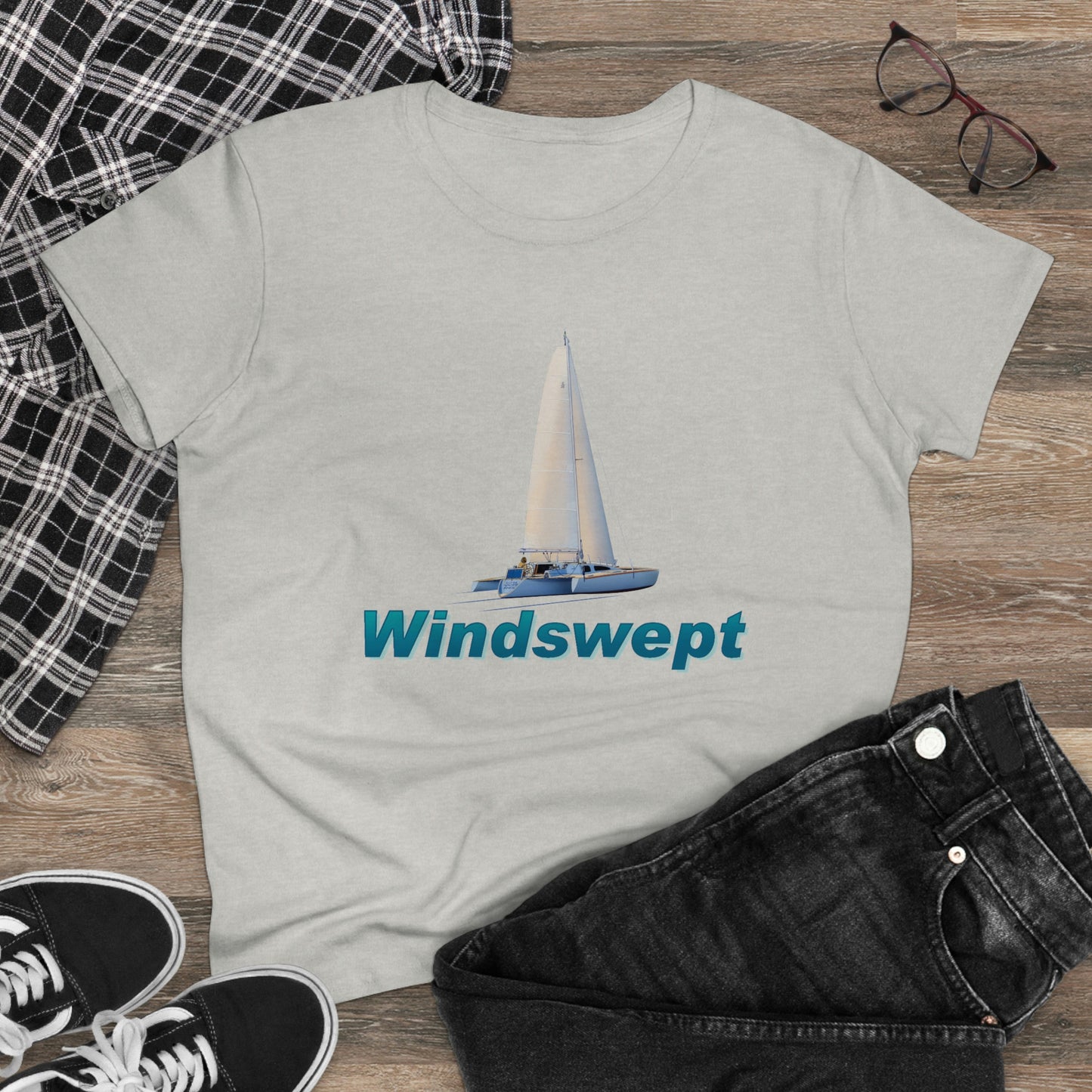 Women's Midweight Cotton Tee, Windswept, Sister Whisper Trimaran.