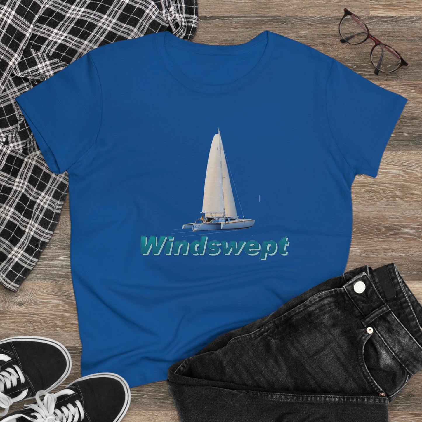 Women's Midweight Cotton Tee, Windswept, Sister Whisper Trimaran.