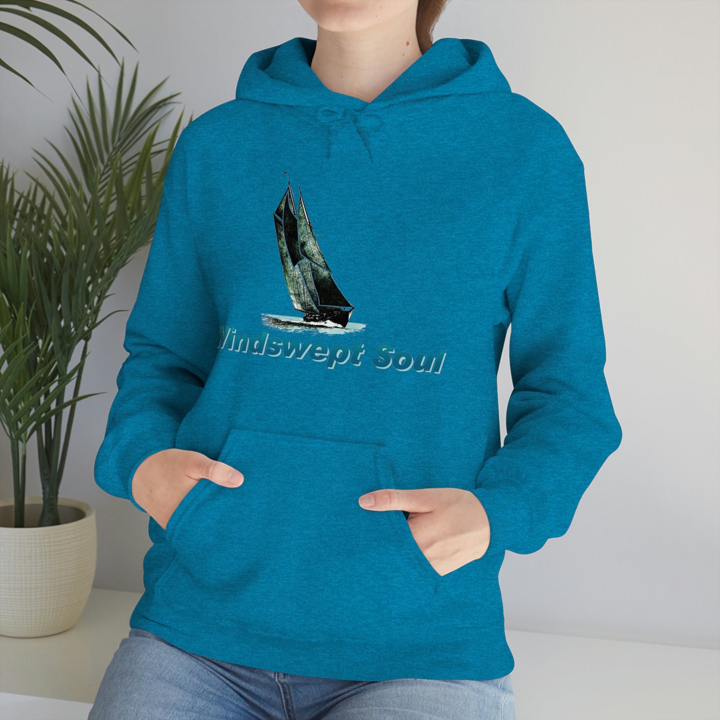 Unisex Heavy Blend™ Hooded Sweatshirt, Windswept Soul, Bluenose Sailboat.