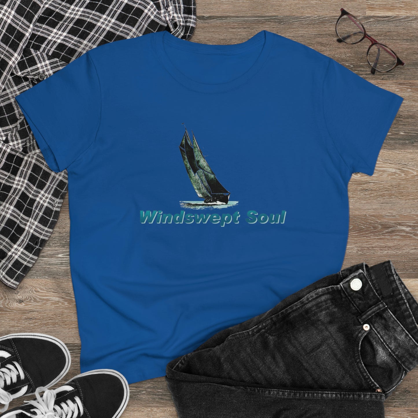 Women's Midweight Cotton Tee, Windswept Soul, Bluenose Sailboat