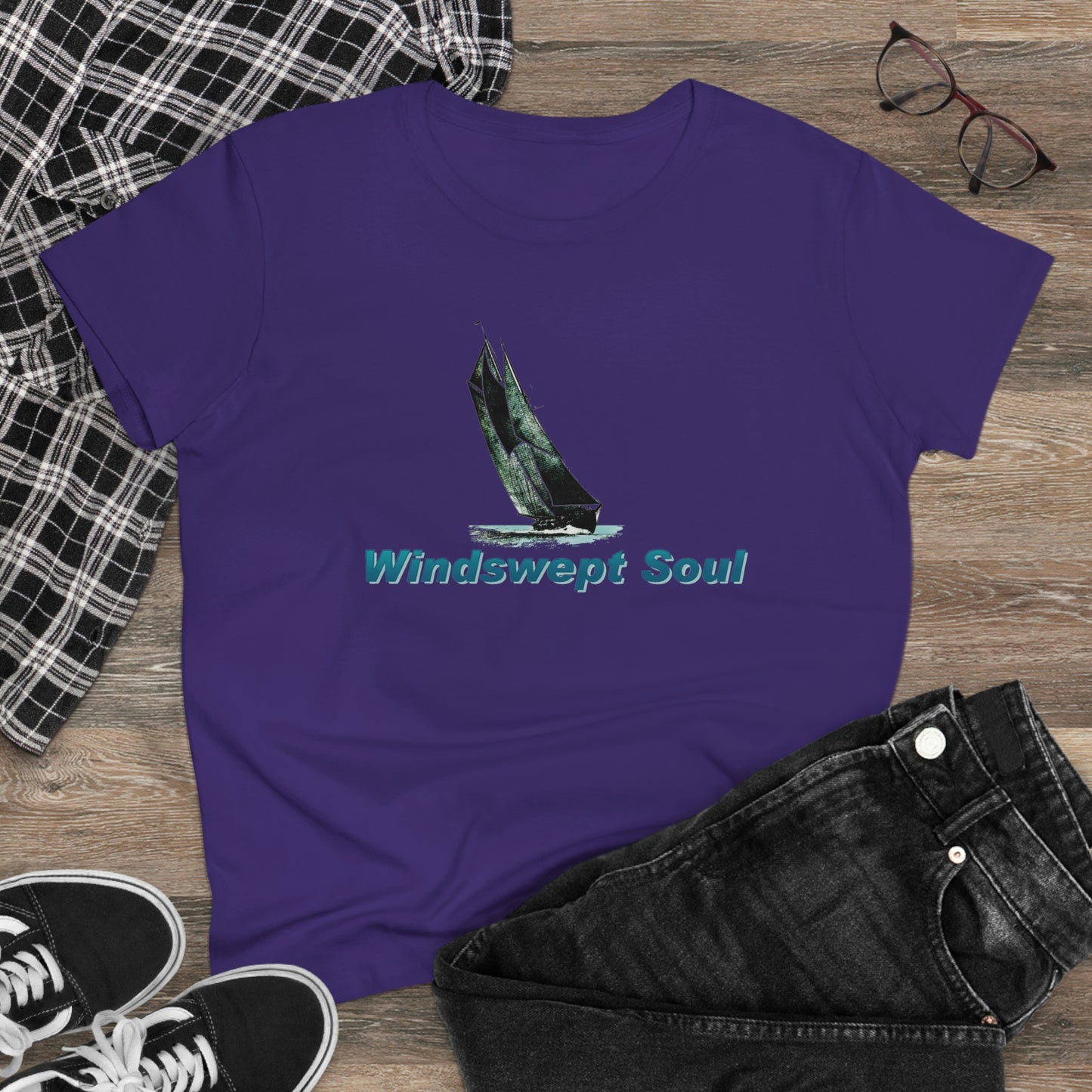 Women's Midweight Cotton Tee, Windswept Soul, Bluenose Sailboat