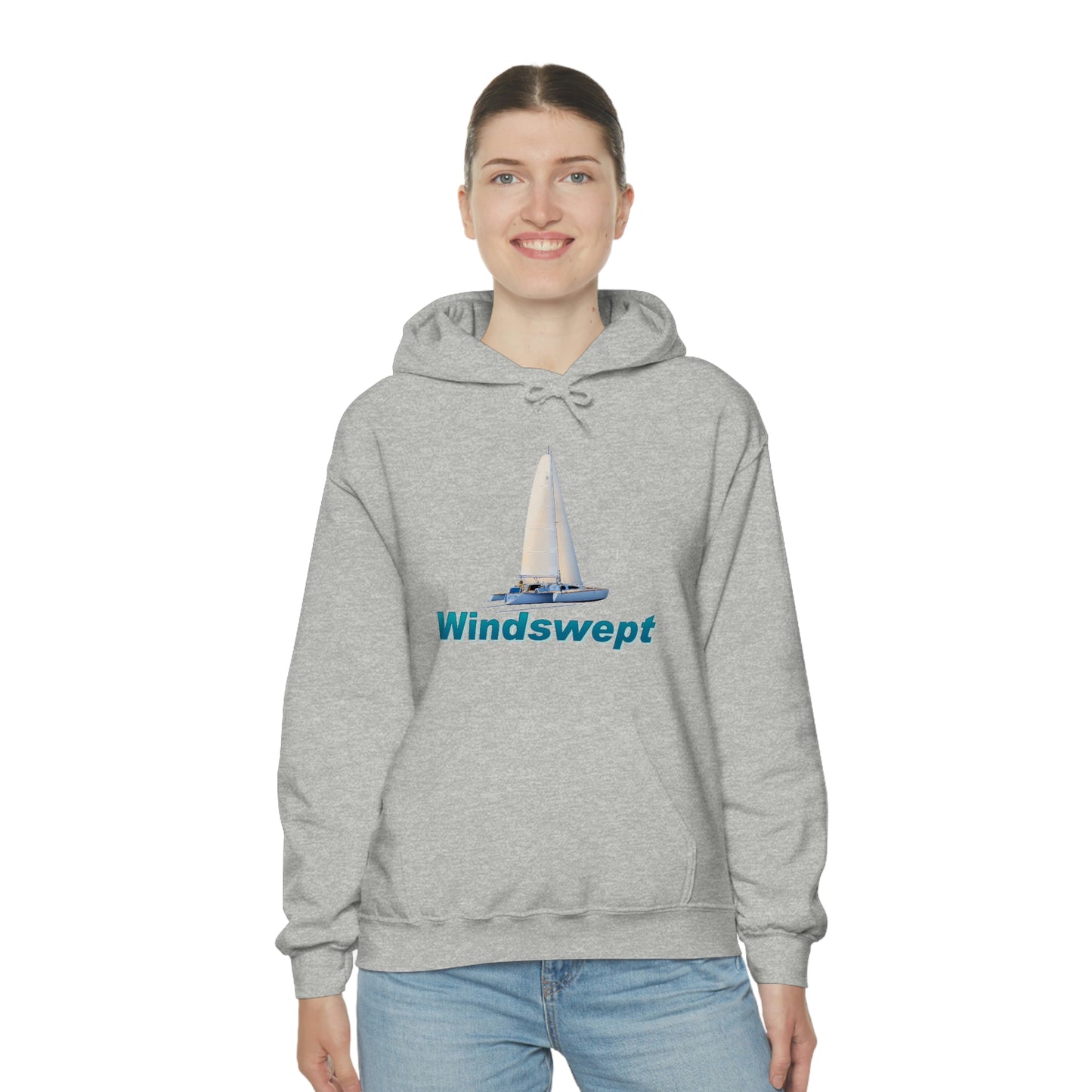 Unisex Heavy Blend™ Hooded Sweatshirt, Windswept, Sister Whisper Trimaran. Artwork by John Ryerson Bredin