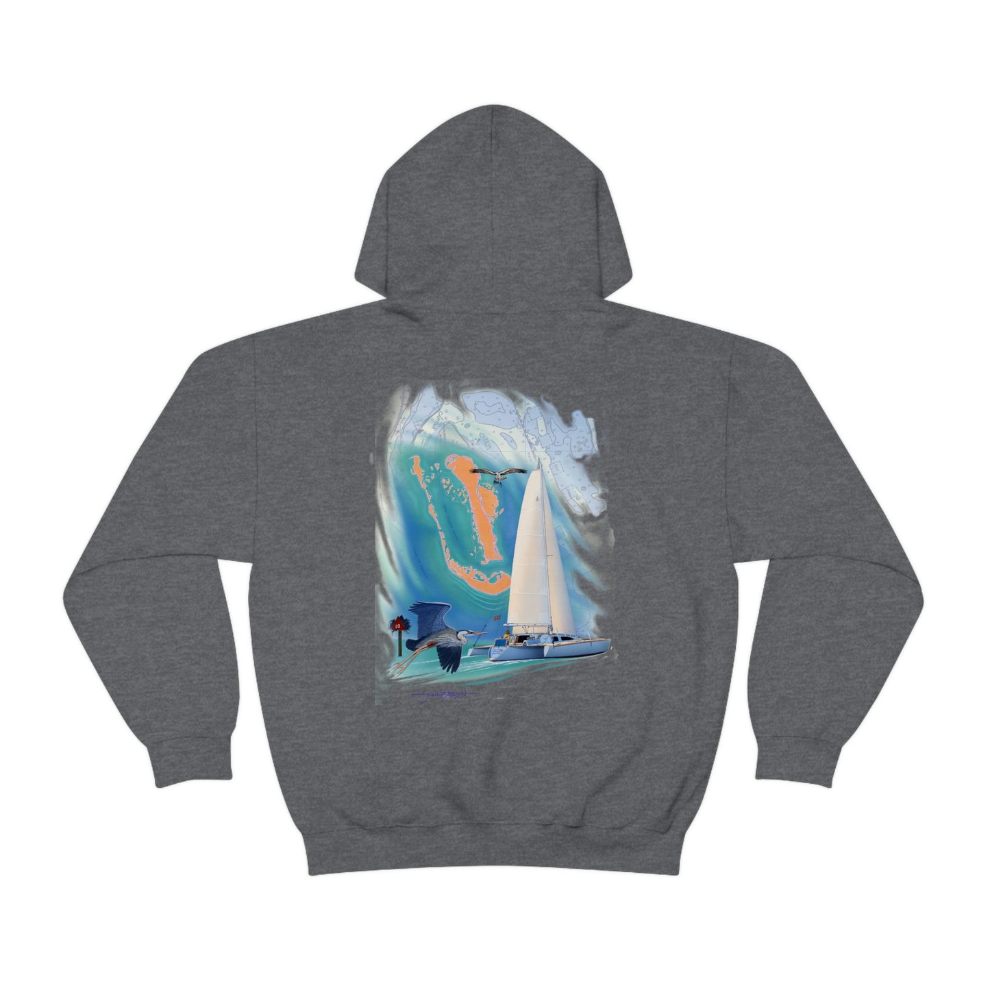 Unisex Heavy Blend™ Hooded Sweatshirt, Windswept, Sister Whisper Trimaran. Artwork by John Ryerson Bredin