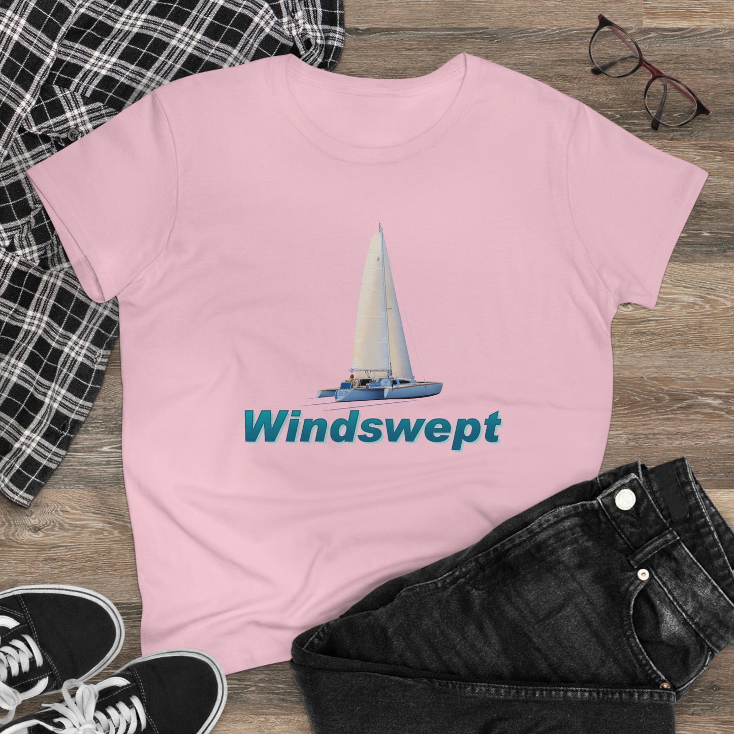 Women's Midweight Cotton Tee, Windswept, Sister Whisper Trimaran.