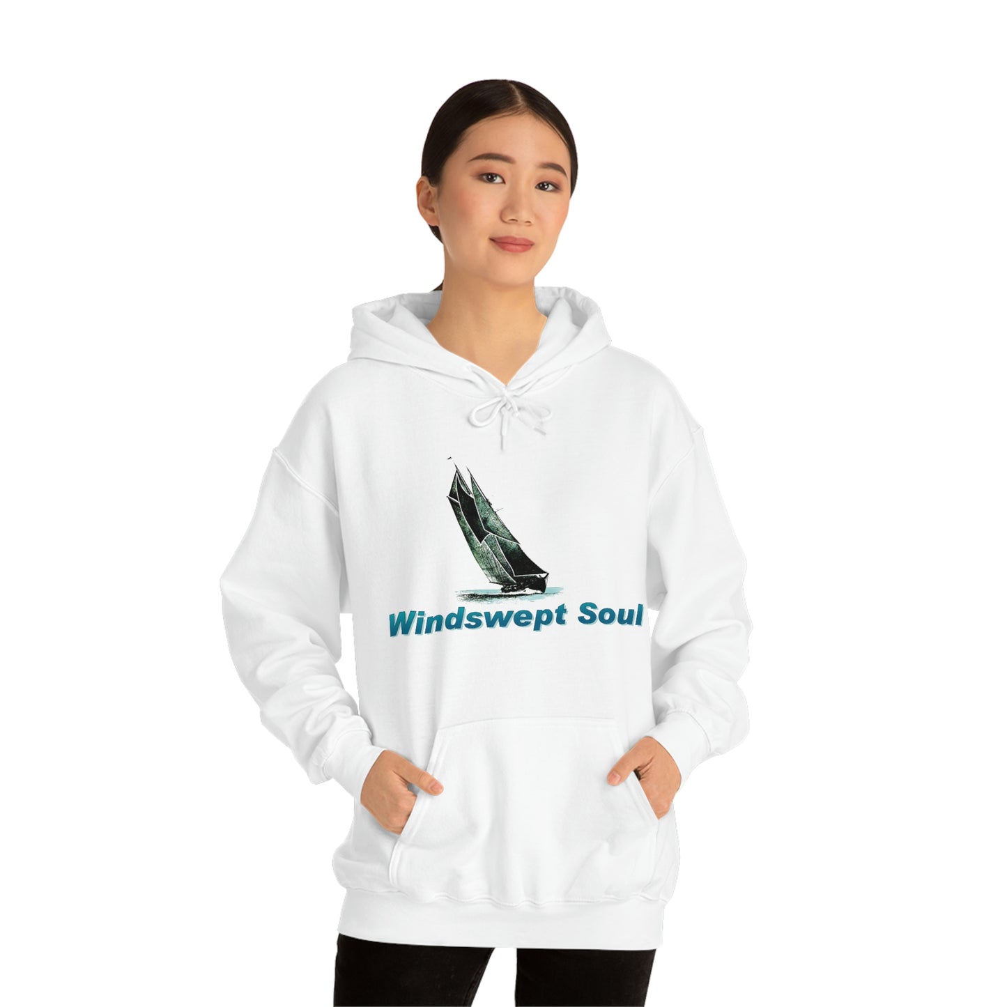 Unisex Heavy Blend™ Hooded Sweatshirt, Windswept Soul, Bluenose Sailboat.